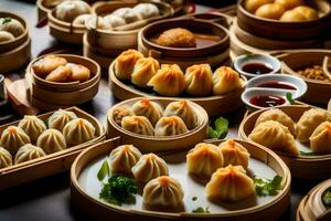 a table filled with various dumplings and other food. AI-Generated photo