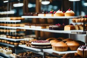 many different types of cakes are on display in a bakery. AI-Generated photo