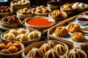 a table with many different types of dumplings. AI-Generated photo