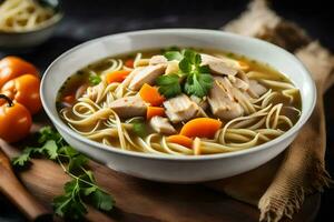 chicken noodle soup with carrots and parsley. AI-Generated photo