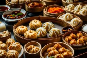 many different types of dumplings are arranged in baskets. AI-Generated photo