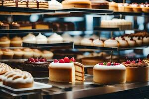 many different types of cakes are on display in a bakery. AI-Generated photo