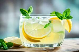 a glass of lemonade with mint leaves and lemons. AI-Generated photo