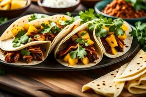 three tacos with meat, pineapple and cilantro. AI-Generated photo