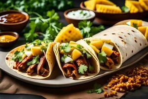 three tacos with meat, pineapple and cilantro. AI-Generated photo