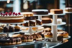 many different types of cakes are on display in a bakery. AI-Generated photo