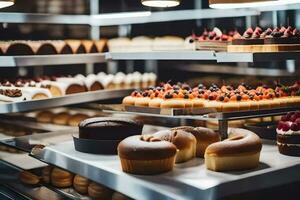 many different types of pastries are on display in a bakery. AI-Generated photo