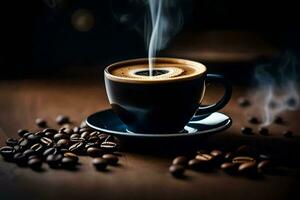 a cup of coffee is steaming on a wooden table. AI-Generated photo
