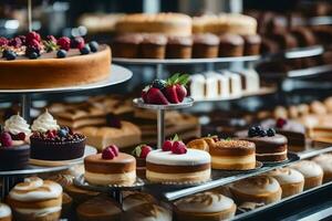 many different types of cakes are on display in a bakery. AI-Generated photo