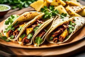 three tacos with meat and vegetables on a wooden plate. AI-Generated photo