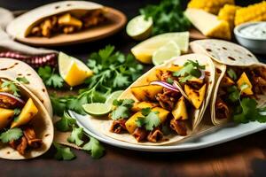 three tacos with meat and vegetables on a white plate. AI-Generated photo