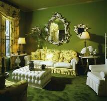 verde empapelado habitación con blanco mueble. un refrescante combinación de verde paredes y elegante decoración. ai generado foto