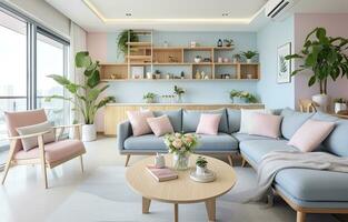 Apartment Decor in Light Indigo and White, Embracing Linear Delicacy, Playful Color Combinations, Natural Materials, and a Blend of Light Blue and Pink Accents with Layers and Lines. AI Generated photo