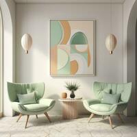 Decorative geometric modern artwork with Tow beige chairs and lamps. AI Generated photo