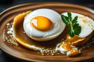 un huevo es sentado en un plato con un cuchara. generado por ai foto