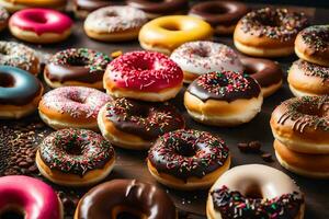 un grande grupo de rosquillas con diferente colores. generado por ai foto