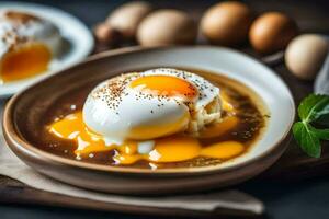 eggs in a bowl with sauce and eggs. AI-Generated photo