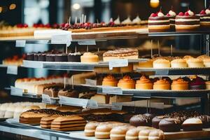 many different types of cakes are on display in a bakery. AI-Generated photo