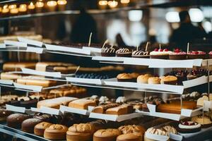 many different types of pastries are displayed on shelves. AI-Generated photo