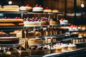 many different types of cakes are on display in a bakery. AI-Generated photo