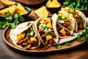 three tacos with meat and pineapple on a wooden board. AI-Generated photo