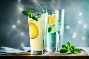 two glasses of lemonade with mint leaves on a wooden table. AI-Generated photo