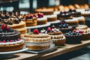 a variety of cakes are on display in a bakery. AI-Generated photo