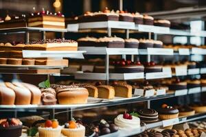 many different types of cakes are on display in a bakery. AI-Generated photo