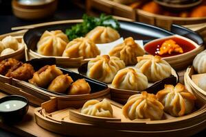 a variety of dumplings in bamboo trays. AI-Generated photo