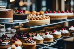 many different types of cakes are on display in a bakery. AI-Generated photo