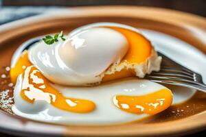 a plate with an egg on top and a fork. AI-Generated photo