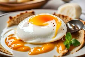 an egg is on a plate with a spoon. AI-Generated photo