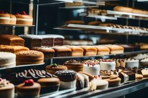 many different types of cakes are on display in a bakery. AI-Generated photo