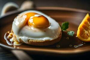 an egg on a plate with an orange slice. AI-Generated photo
