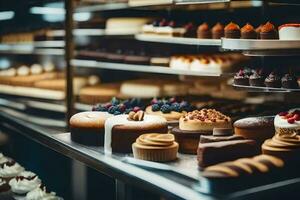 many different types of cakes are on display in a bakery. AI-Generated photo