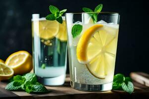 two glasses of lemonade with mint leaves and lemons. AI-Generated photo