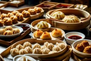 many different types of dumplings are on a table. AI-Generated photo