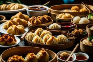 a table filled with various dumplings and other food. AI-Generated photo
