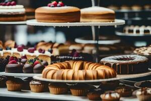 many different types of cakes and pastries on display. AI-Generated photo