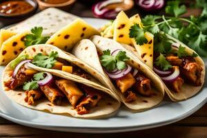 three tacos with chicken, pineapple and cilantro. AI-Generated photo