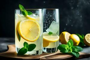 two glasses of lemonade with mint leaves and lemons. AI-Generated photo