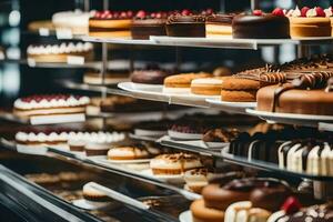 many different types of cakes are on display in a bakery. AI-Generated photo