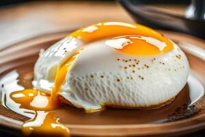 an egg is being drizzled with syrup. AI-Generated photo