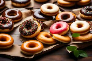 a bunch of donuts on a wooden table. AI-Generated photo