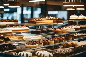 many different types of cakes are on display in a bakery. AI-Generated photo