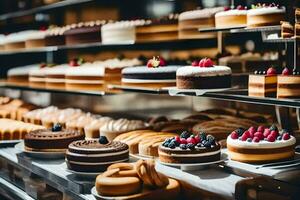 many different types of cakes are on display in a bakery. AI-Generated photo