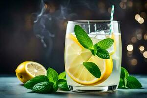 lemonade with mint leaves and lemon slices. AI-Generated photo