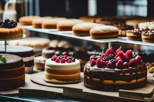 many different types of cakes are on display in a bakery. AI-Generated photo