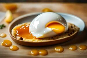 an egg is being poured into a toast on a wooden board. AI-Generated photo