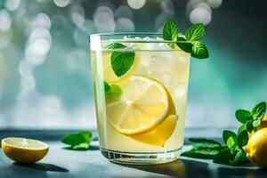 a glass of lemonade with mint leaves and lemons. AI-Generated photo